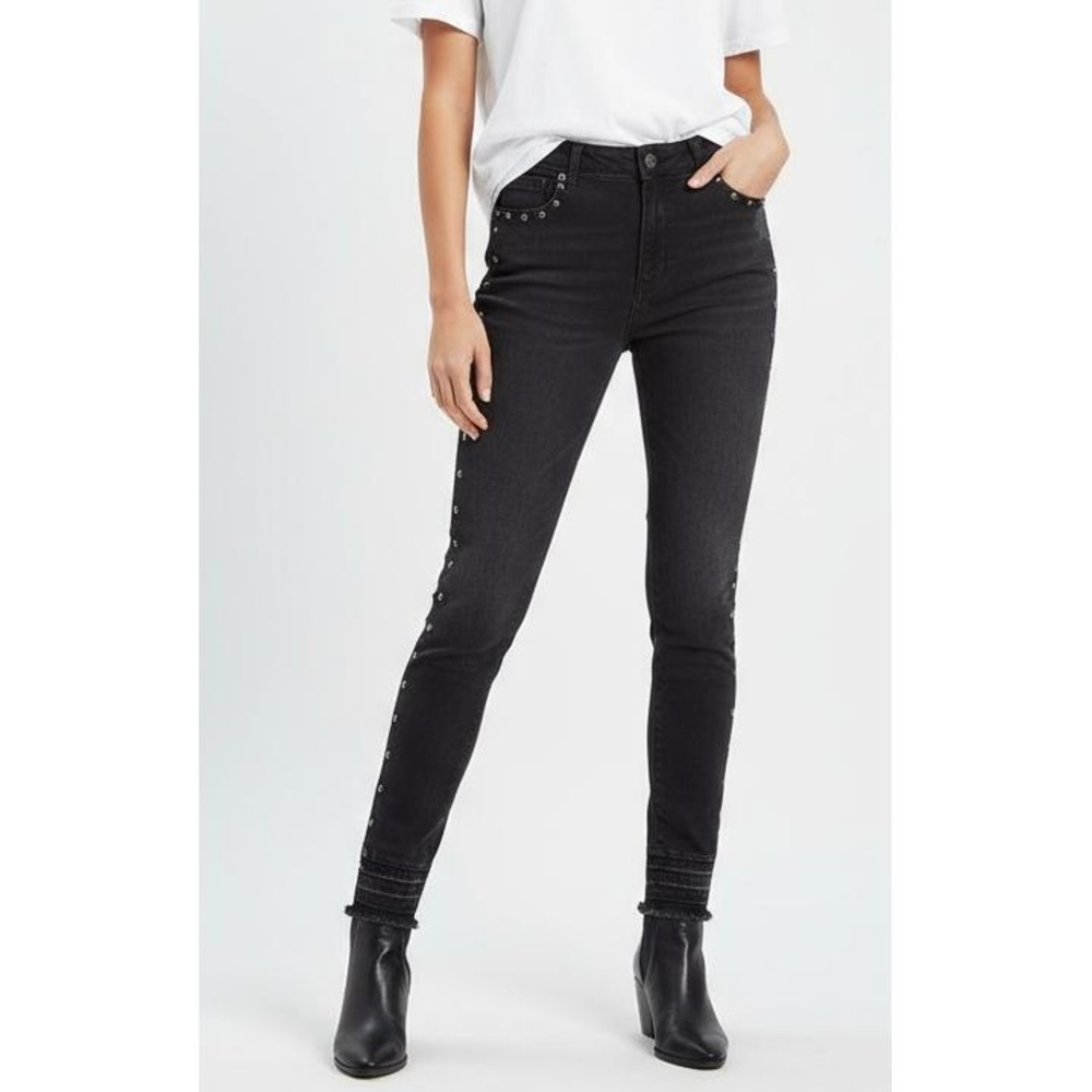 INC Denim Washed Black Rivet Distressed High Rise Skinny Jeans Size 14